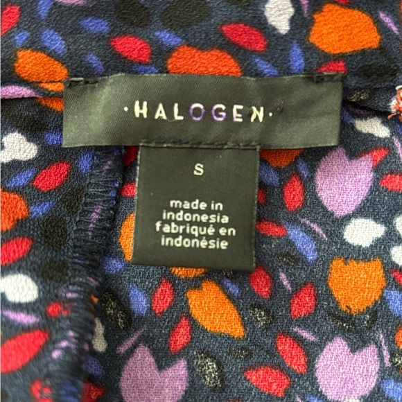 HALOGEN top, size small, long sleeves, red print, peplum, high collar, roomy fit - Picture 2 of 6